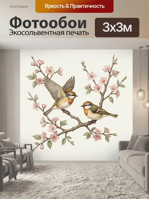 Фотообои Две птицы на цветущей ветке