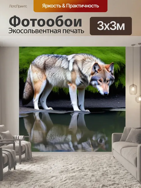 Фотообои отражение волка в пруду весной