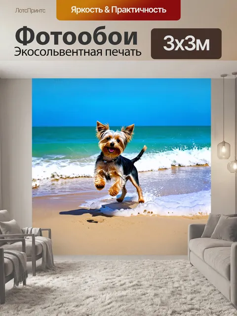 Фотообои на берегу моря, йоркширский терьер резво прыгает по песку, белая пена волн бьется о берег