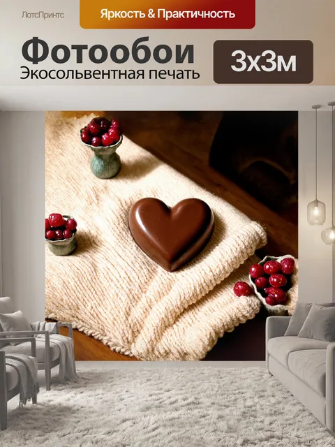 Фотообои шоколадное сердце, сделанное из белого шоколада и покрытое ягодной глазурью, лежит на уютной шерстяной пледе…
