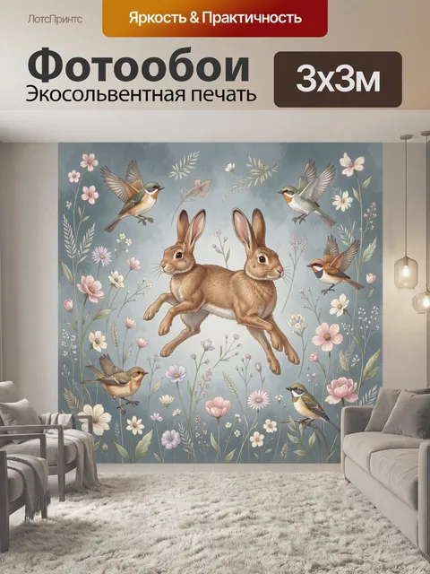 Фотообои Зайцы и птицы среди цветов