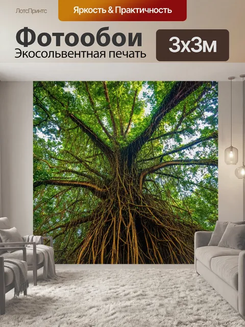 Фотообои дерево в тропическом лесу, с гигантскими лианами, обвивающими ствол, под ярким солнечным светом