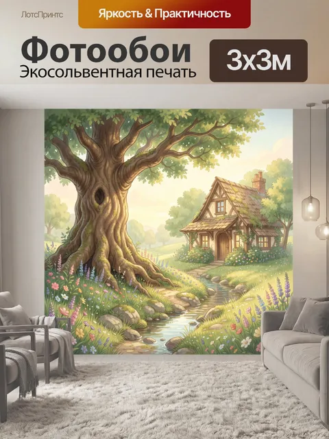 Фотообои Сказочная поляна с домиком у ручья