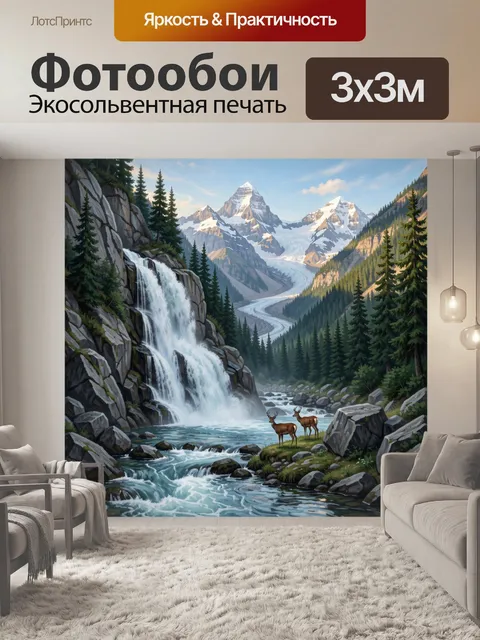 Фотообои Горная долина с водопадом и оленями