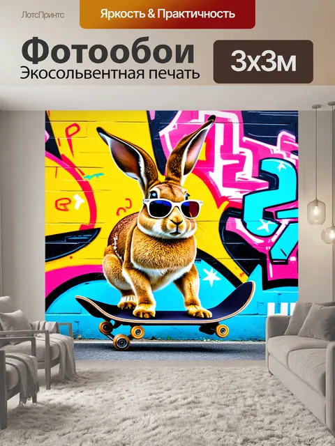 Фотообои заяц в белых очках на скейтборде