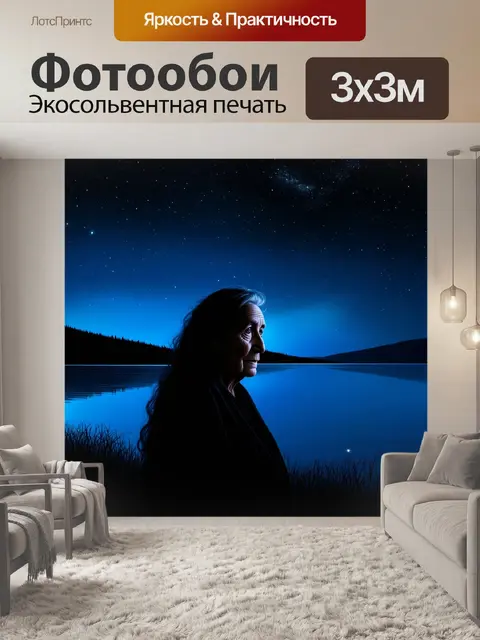 Фотообои спокойная ночь на берегу озера, в полной тишине отразится силуэт старухи на воде