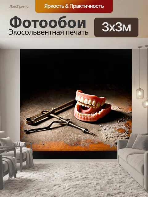 Фотообои изобразите заброшенную зубную клинику, где на столе лежат старинные протезы и инструменты