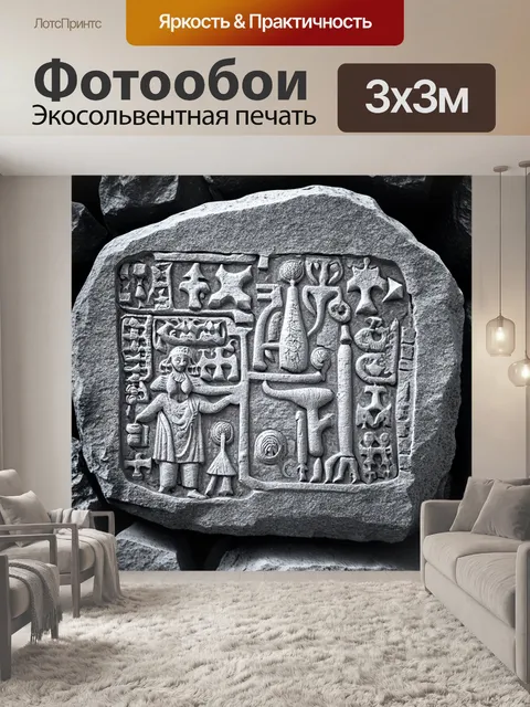 Фотообои камень, на которых изображены старые выгравированные камни, покрытые древними символами и знаками, которые…