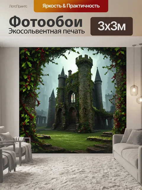 Фотообои руины древнего замка, покрытые зеленью, где ягоды падуба вьются вокруг старинных камней