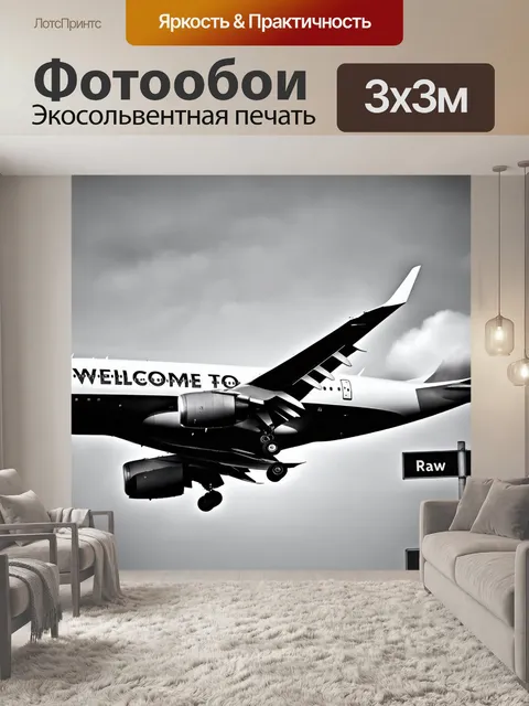 Фотообои самолет в черно-белом стиле, на фоне надписи "добро пожаловать в париж"