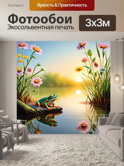 Фотообои сцена на фоне заката, где лягушка сидит на краю пруда, окруженного цветами и растениями