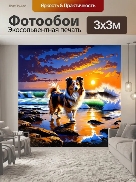 Фотообои шелти, собака с игривым нравом, стоит на обрывистом берегу, смотря на бушующие волны