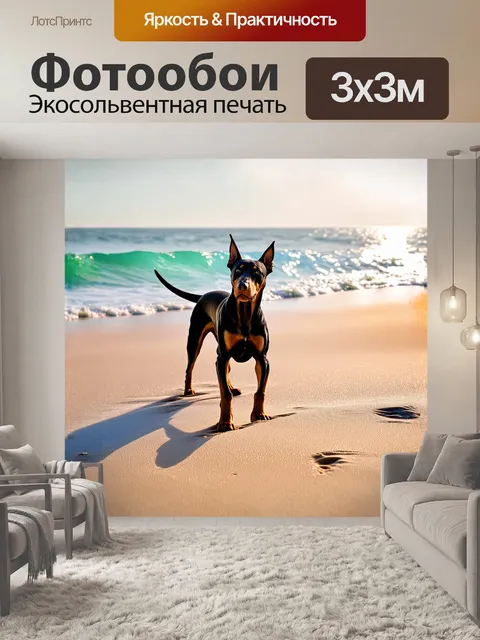 Фотообои доберман, щенок, играющий на песчаном пляже, его хвост в восторге поднимается вверх