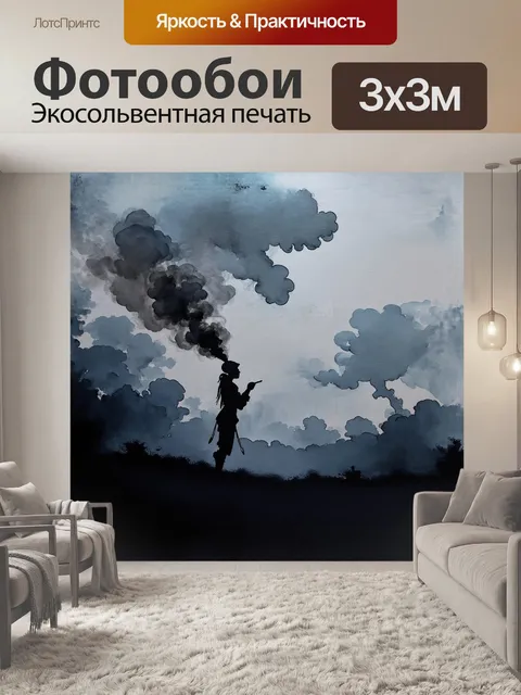Фотообои на фоне мрачного, серого неба, черная фигура курит, а облака дыма медленно поднимаются к потолку