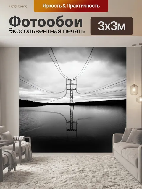 Фотообои лэп, пересекающий спокойное озеро, отражающее облака и высоковольтные линии в черной воде, словно зеркало