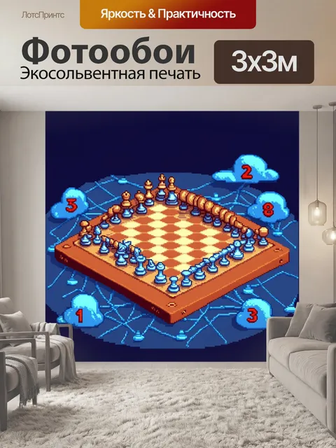 Фотообои изометрическая шахматная доска, где все фигуры выполнены в стиле пиксельной графики
