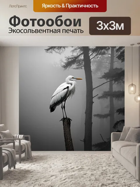 Фотообои черно-белая фотография исполинского белонога, сидящего на высоком дереве в туманном лесу