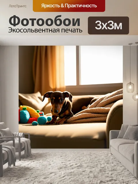 Фотообои в уютной комнате, наполненной домашним уютом, щенок таксы спит на диване, укутавшись в мягкий плед