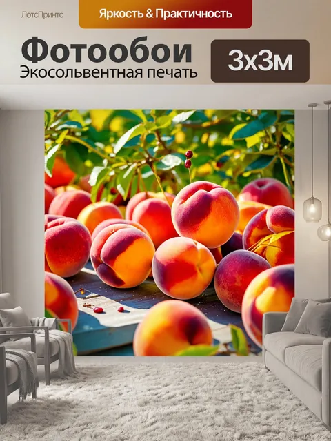 Фотообои сад с разнообразными летними плодами: персики, вишни и абрикосы, раскинувшиеся под солнечными лучами