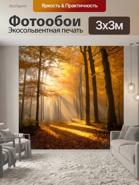 Фотообои туман в художественном стиле, осенний лес в тумане, редкие лучи света, пробивающиеся сквозь золотую листву
