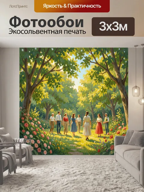 Фотообои Прогулка людей в цветущем саду