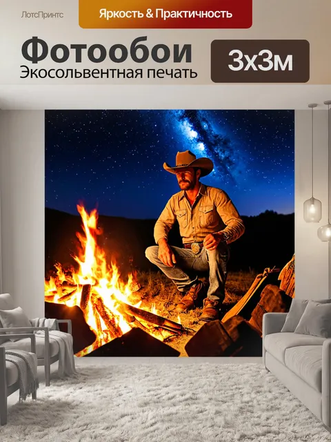 Фотообои ковбой у костра, рассказывающий истории под звёздным небом