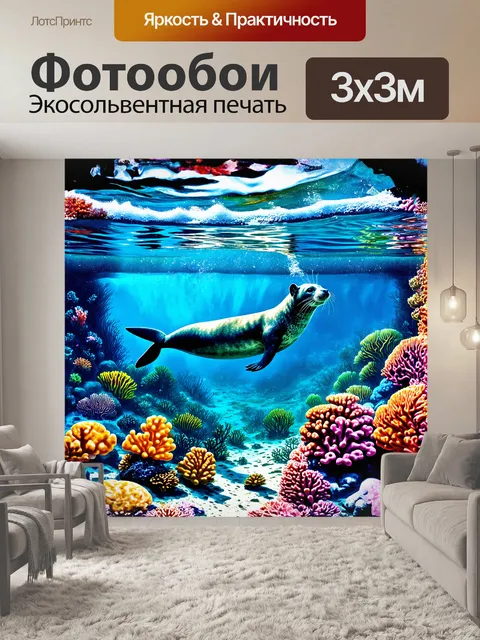 Фотообои тюлень, удивительно красивый, ныряющий в кристально чистую воду, окруженный цветными кораллами и…