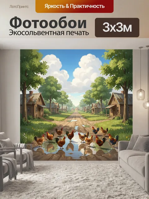Фотообои Деревенская улица с курами