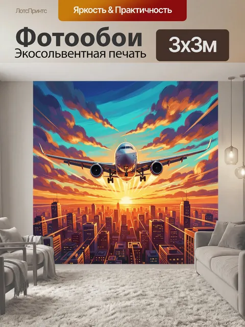 Фотообои Самолет над городом на рассвете