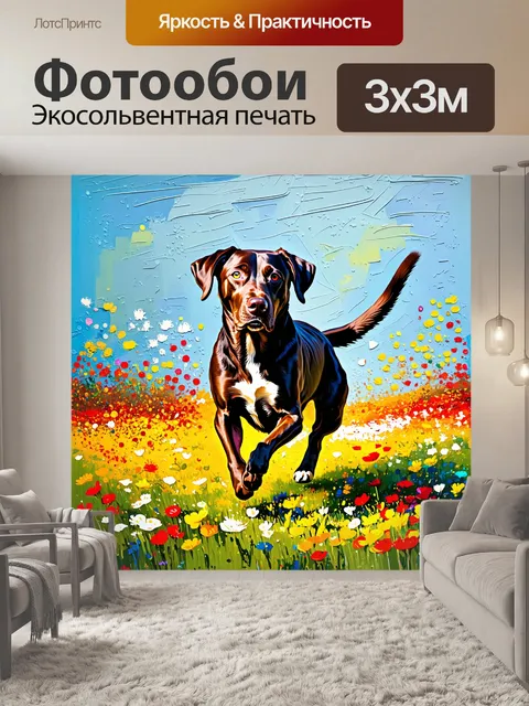 Фотообои лабрадор, грациозно бегающий по лугу, полностью покрытому разноцветными цветами