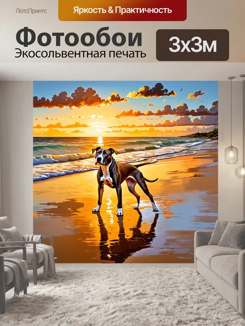 Фотообои пейзаж с американским стаффордширским терьером, играющим на пляже во время заката
