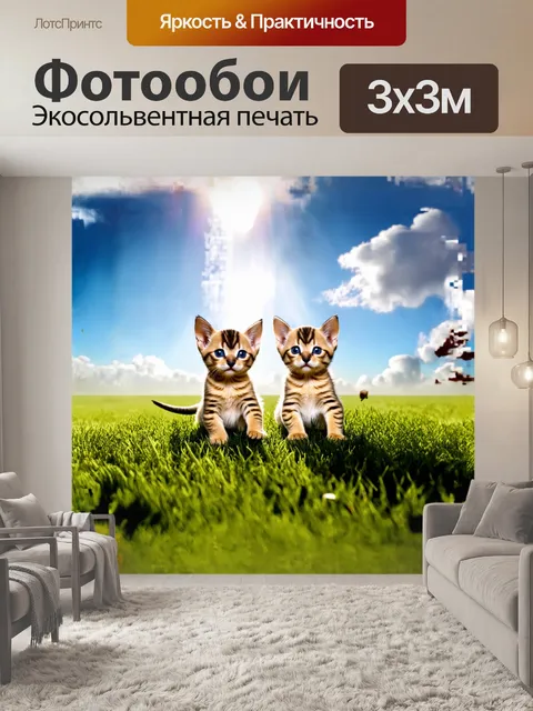 Фотообои под ярким небом, наполненным облаками неопределённых форм, играют маленькие котята-сфинксы, ощупывая своими…