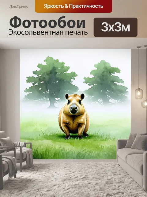 Фотообои одинокая капибара, находящаяся на утреннем тумане, с каплями росы на траве