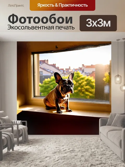 Фотообои французский бульдог, сидящий на подоконнике, с любопытством смотрит на мир за окном, солнце освещает его…