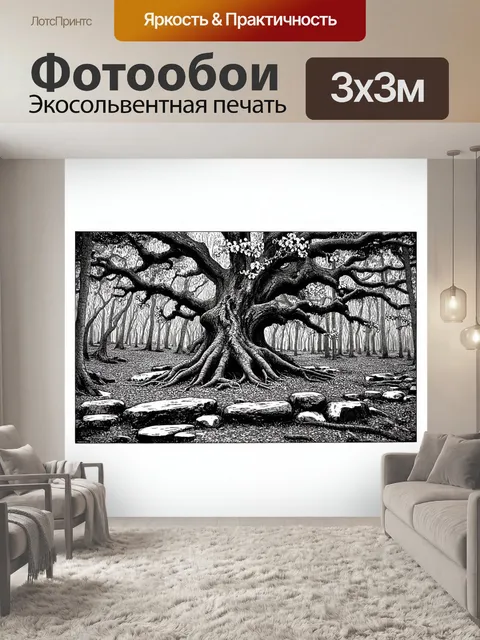 Фотообои лес с вековыми дубами, корни которых обвивают камни, создавая причудливые формы