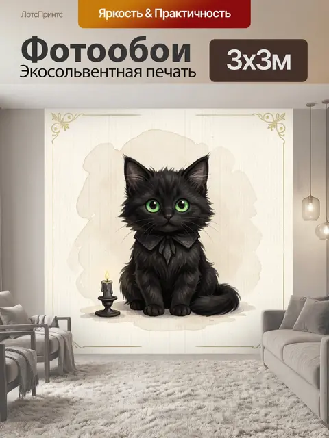 Фотообои Черный кот с зелеными глазами