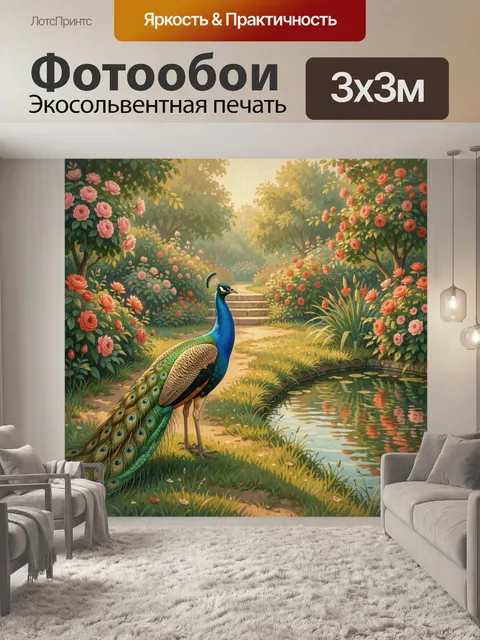 Фотообои Павлин в цветущем саду