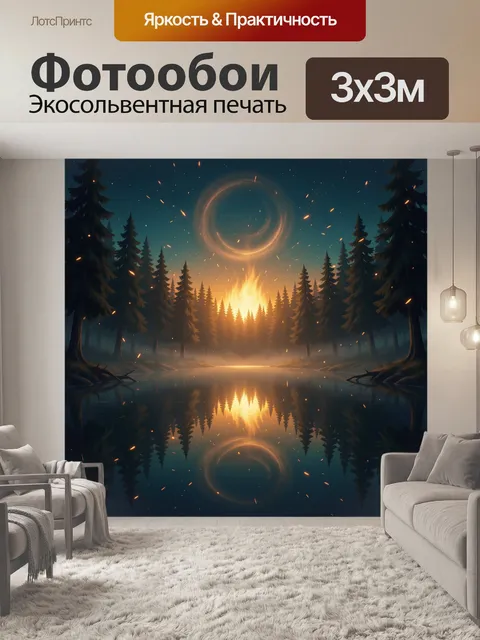 Фотообои Лесное озеро у огня ночью