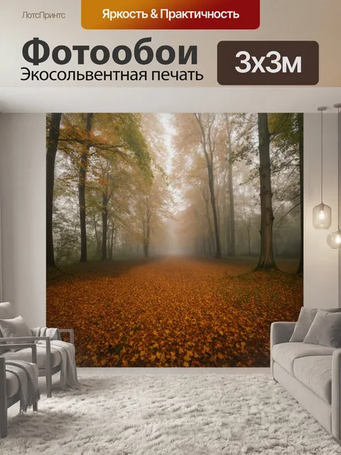 Фотообои осень: туманное утро в лесу, опавшие листья покрывают землю, тишина и покой окружают