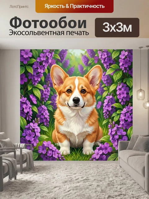 Фотообои Рыжий корги в сиреневом цветнике