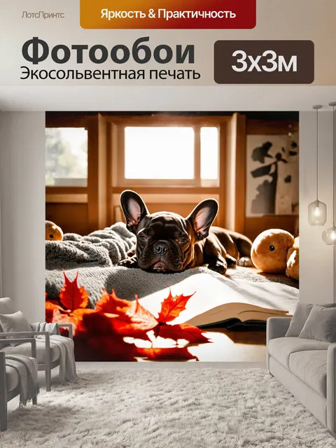 Фотообои герда, французский бульдог, нежно спит на мягком сером пледе, укрытом ярко-красными листьями