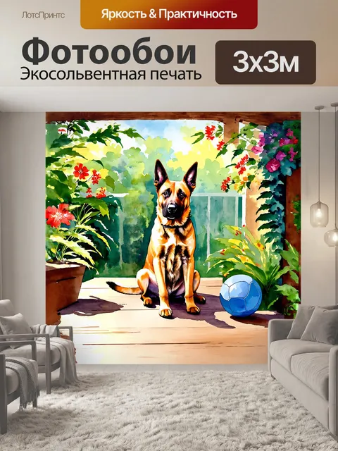 Фотообои милый малинуа, сидящий на деревянной террасе с мячом рядом, в окружении зеленых растений и цветов…
