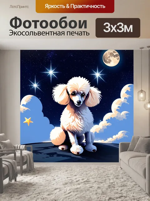 Фотообои пудель, сверкающий под ночным небом в окружении звезд и луны, на фоне легких облаков