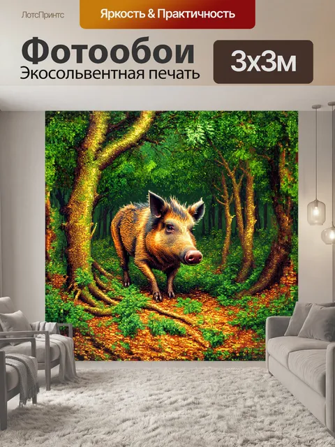 Фотообои в глубине леса, среди ветвей и листьев, прячется дикий кабан, изображение выполнено в стиле импрессионизма…