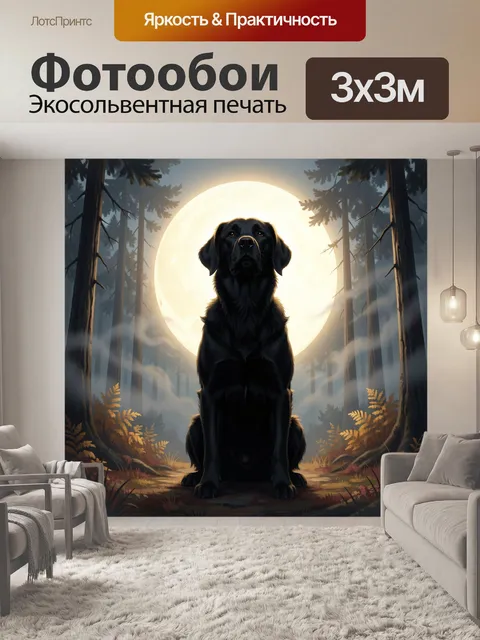 Фотообои Черный пес в лунном лесу