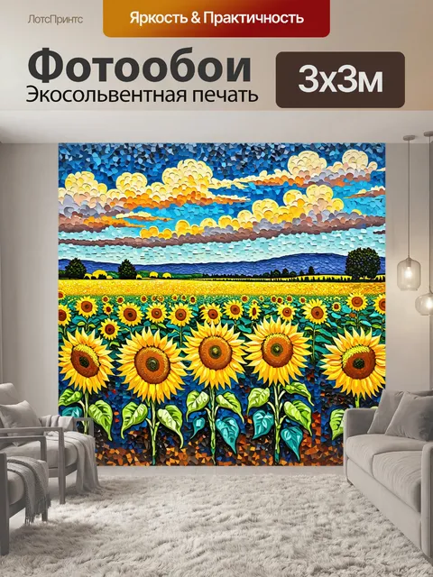 Фотообои пейзаж с полем подсолнухов, выполненный в стиле ван гога, где каждая цветочная головка наполнена жизнью