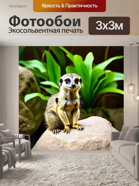 Фотообои сурикат, уютно устроившийся на большом камне в зоопарке, с зелеными растениями на заднем плане, снятый в…