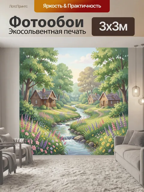 Фотообои Лесной пейзаж с ручьём и домиками