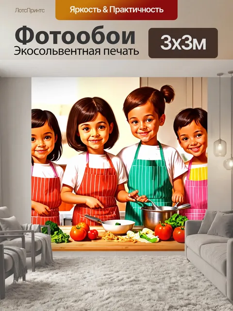 Фотообои в стиле иллюстрация, показывающие весёлое приготовление пищи с детьми