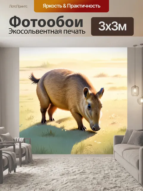 Фотообои капибара, мирно поедающая траву на утреннем тумане, с мягкими тенями и нежными оттенками пастели, в технике…